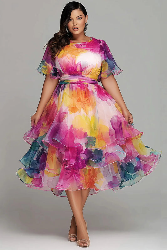 Cocktail Party Elegant Multicolor Floral Round Neck Short Sleeve Tiered Chiffon Midi Dresses