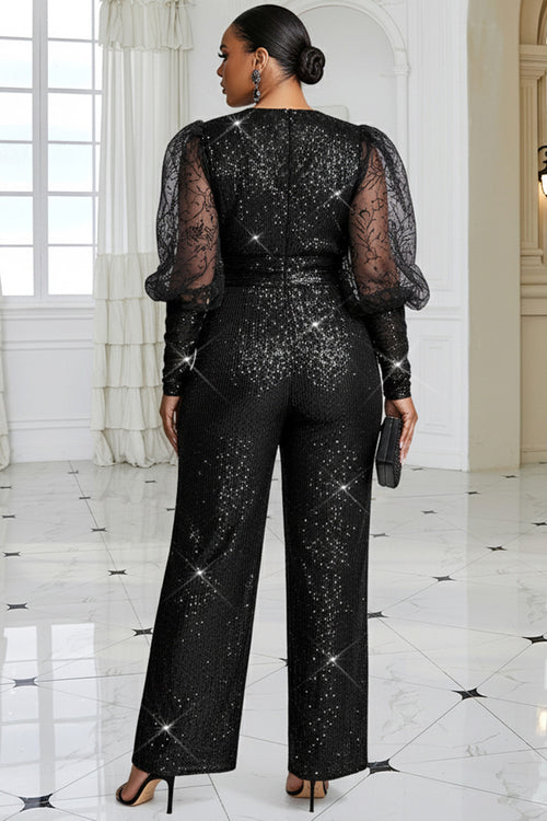 Black V Neck Puff Sleeve Long Sleeve See Through Elegant Pocket Tulle Sequin Jumpsuits