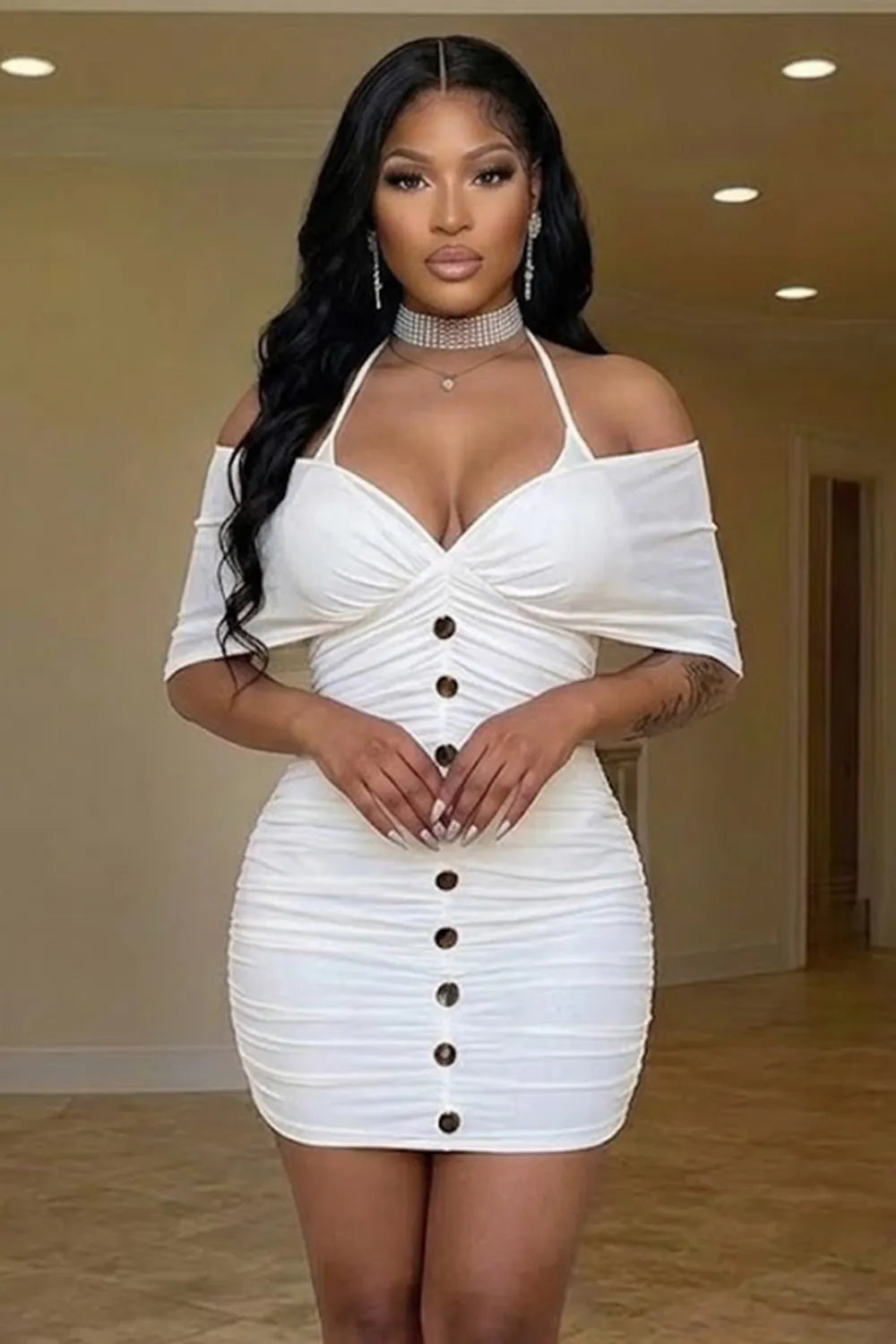 Halter Off Shoulder Batwing Sleeve Mesh Ruched Gowns Maxi Dresses-Apricot