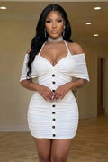 Halter Off Shoulder Batwing Sleeve Mesh Ruched Gowns Maxi Dresses-Apricot