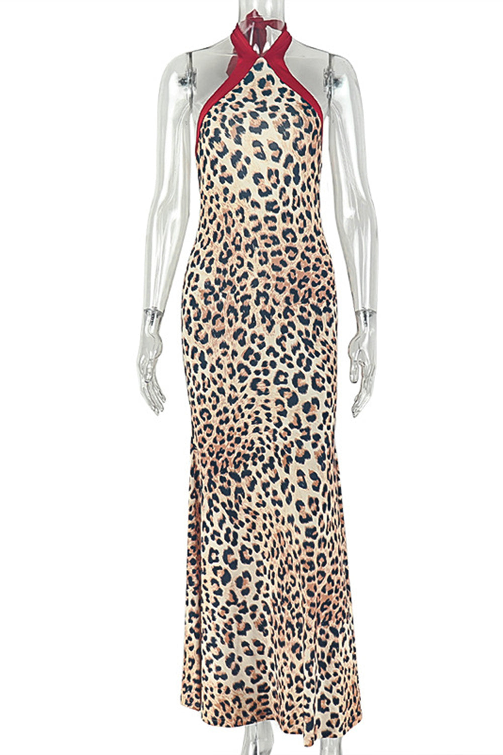 Halter Neck Contrast Piping Leopard Print Fishtail Casual Maxi Dresses-Brown