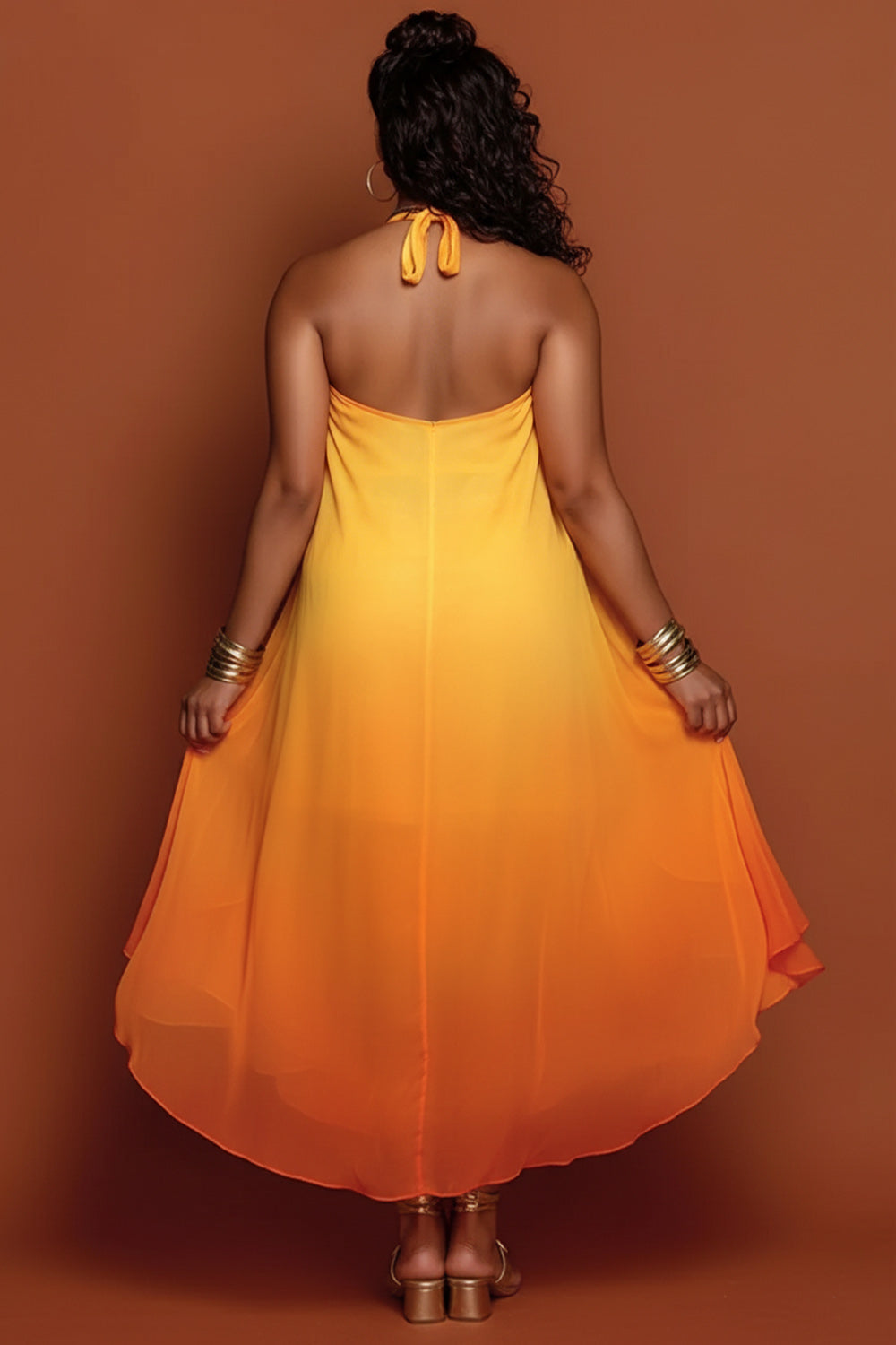 Vacation Sundress Multicolor Gradient Halter Collar Ruffle Asymmetric Hem Irregular Hem Chiffon Midi Dresses