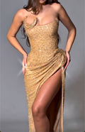 Gold Strapless Sequin Maxi Dress with Crystal Crescent Moon Cutout & High Slit