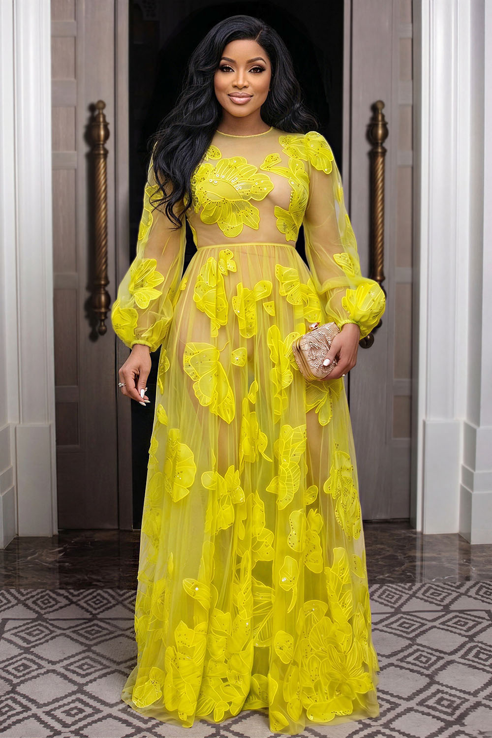 Floral See Through Mesh Long Sleeve Gowns Maxi Dresses-Yellow [Pre Order]