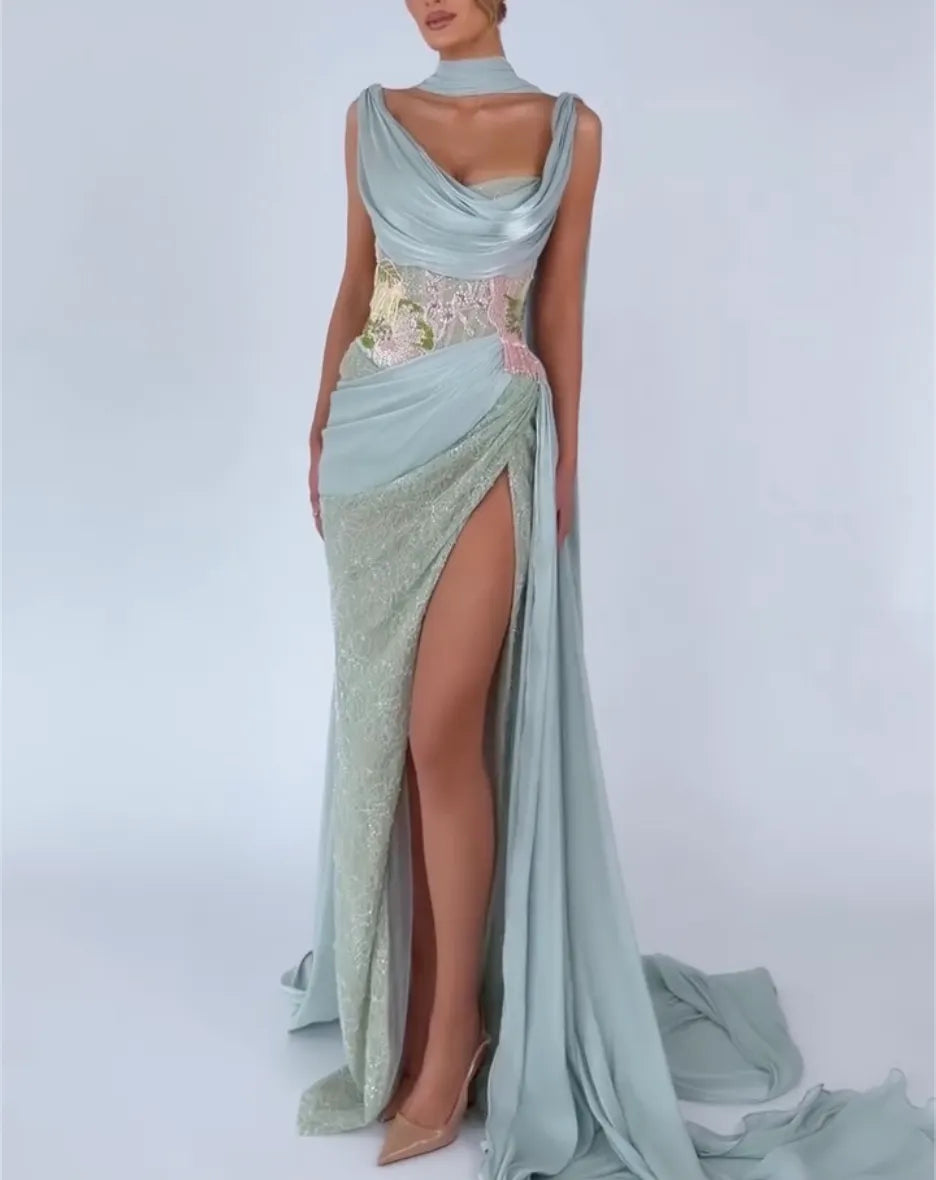 Mint Green Draped Halter Floral Embroidery High‐Slit Mermaid Maxi Evening Gown, Formal Dress for Prom Wedding Guest Gala Red Carpet