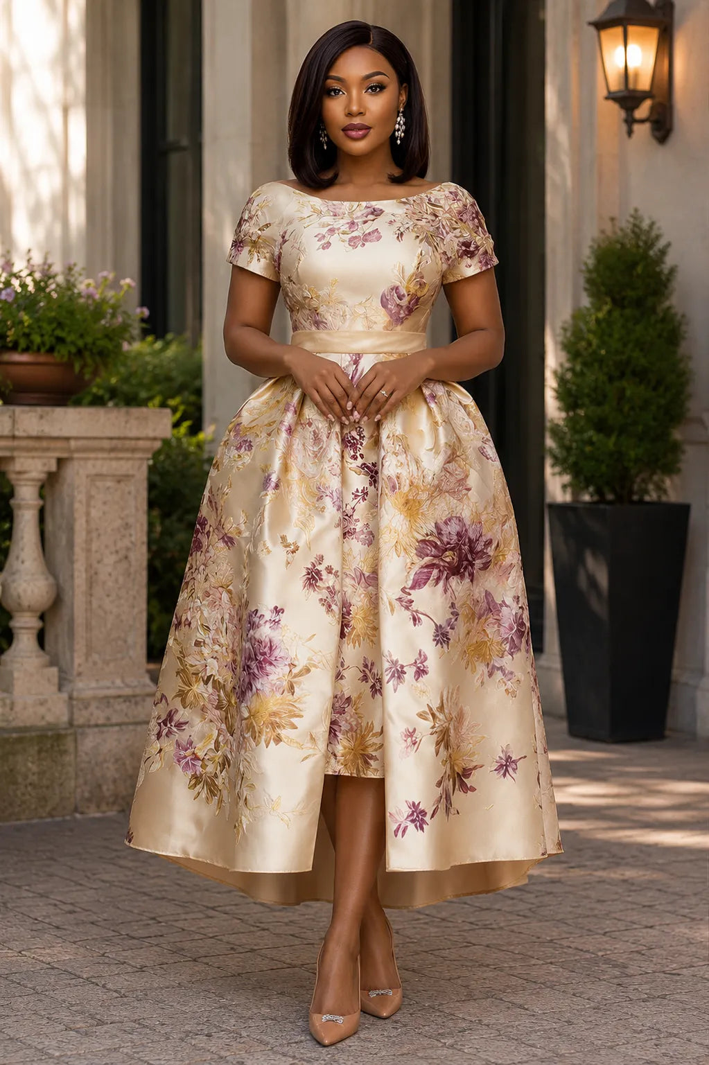 Wedding Guest Elegant Champagne Floral Short Sleeve Pocket Satin Midi Dresses