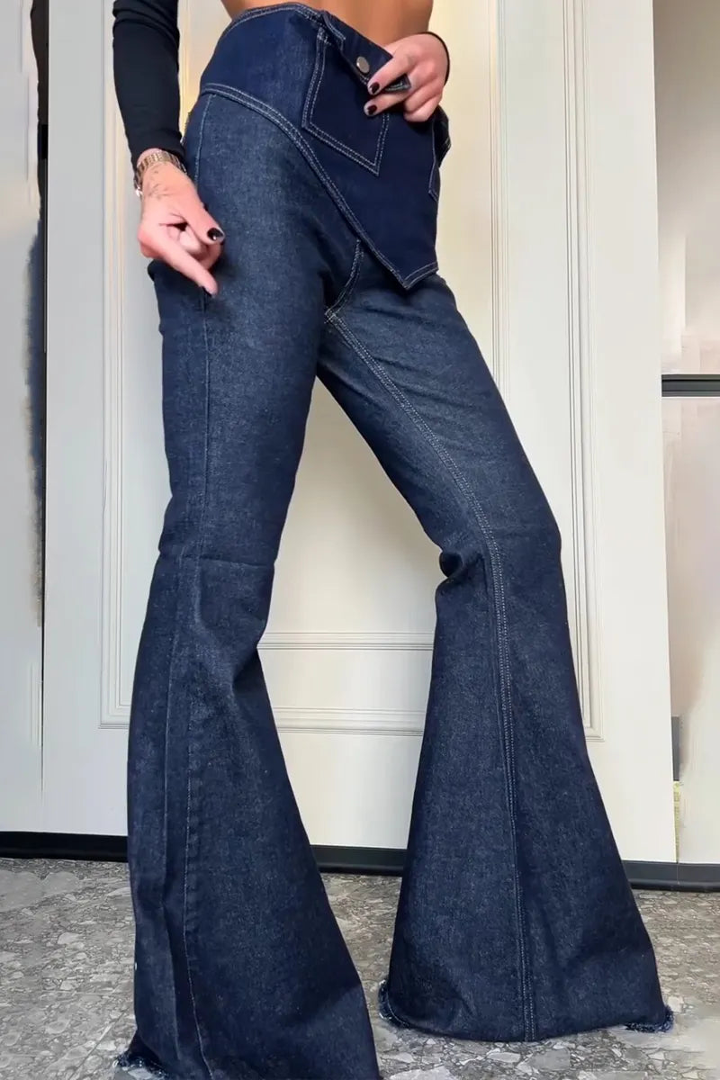 Women's Casual Pocket Removable Belt Flare Jeans