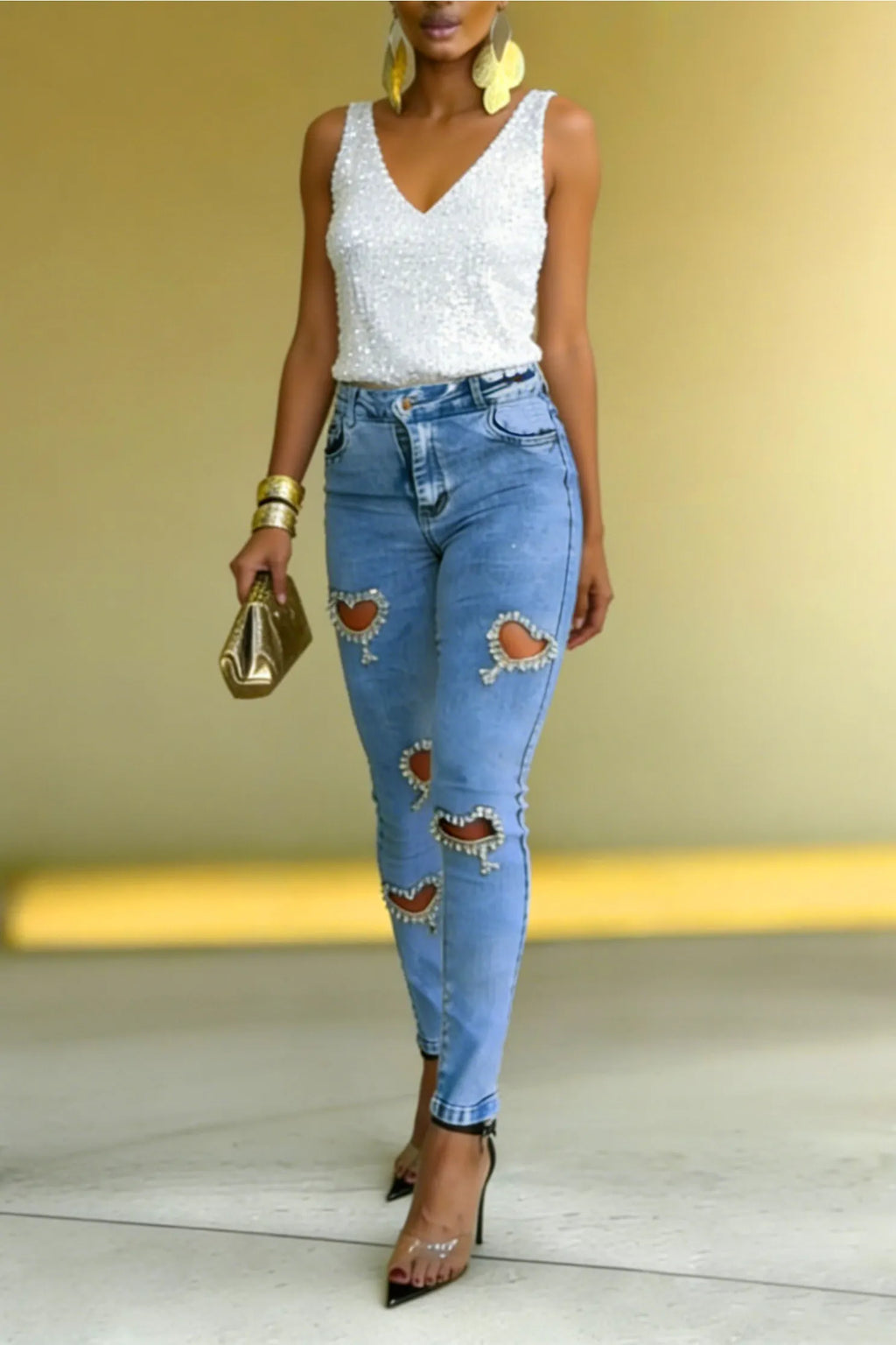 Women's Revival Style Rhinestone Heart-Shaped Cutout Jeans