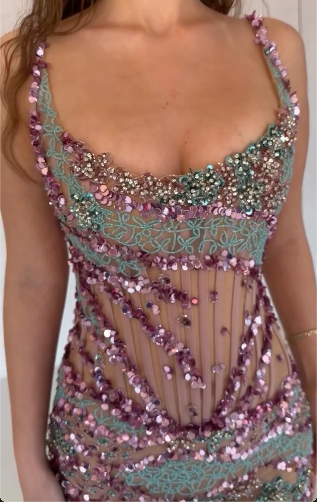 Sheer Mesh Purple Green Beaded Sequin Spaghetti Strap Mermaid Maxi Dress - Formal Evening Gown