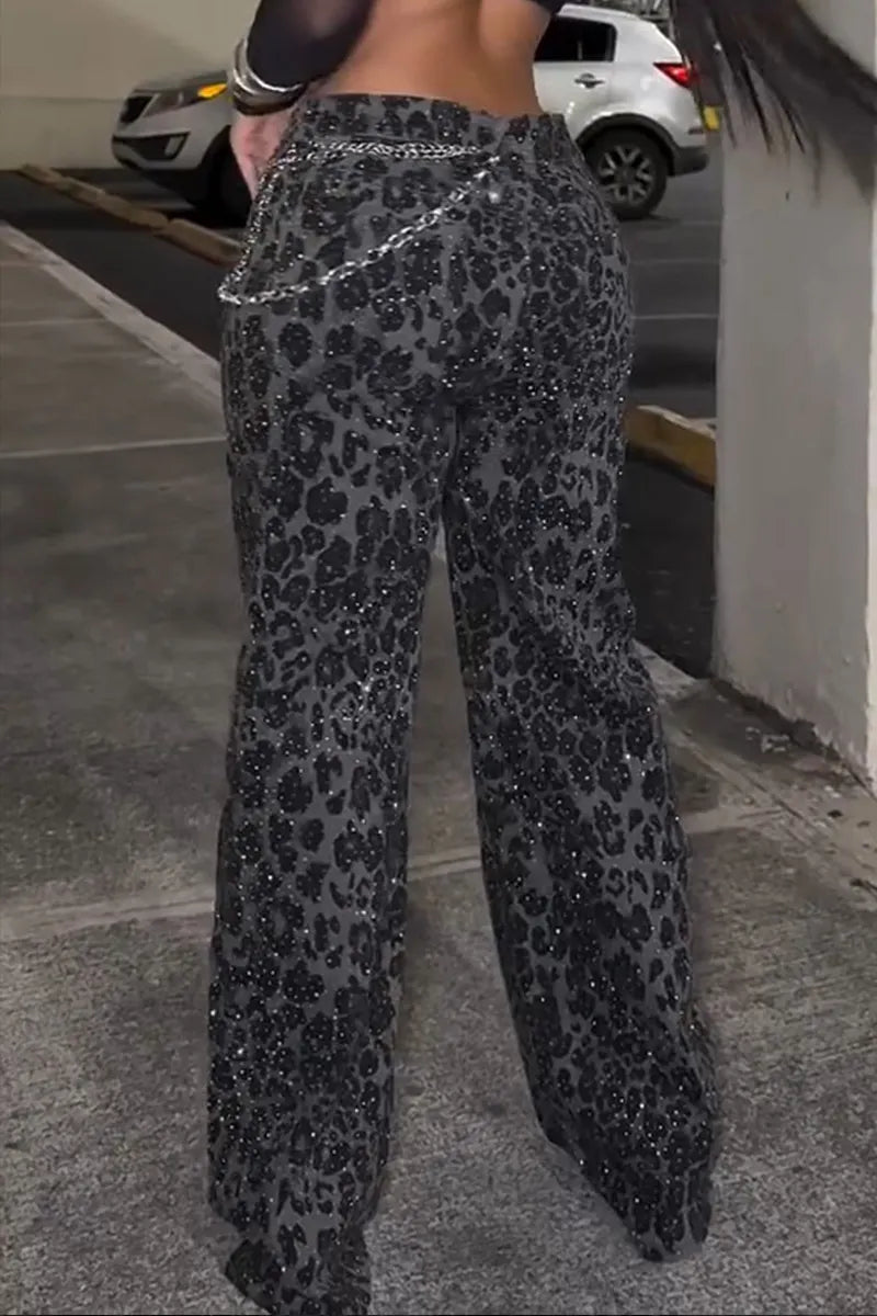 Lady's Leopard Print Rhinestone Jeans