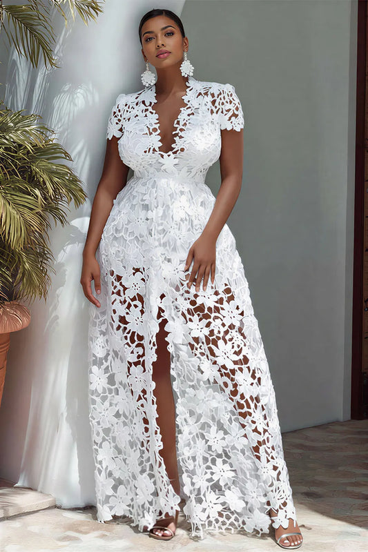 Vacation White V Neck Short Sleeve Split See Through Maxi Dresses