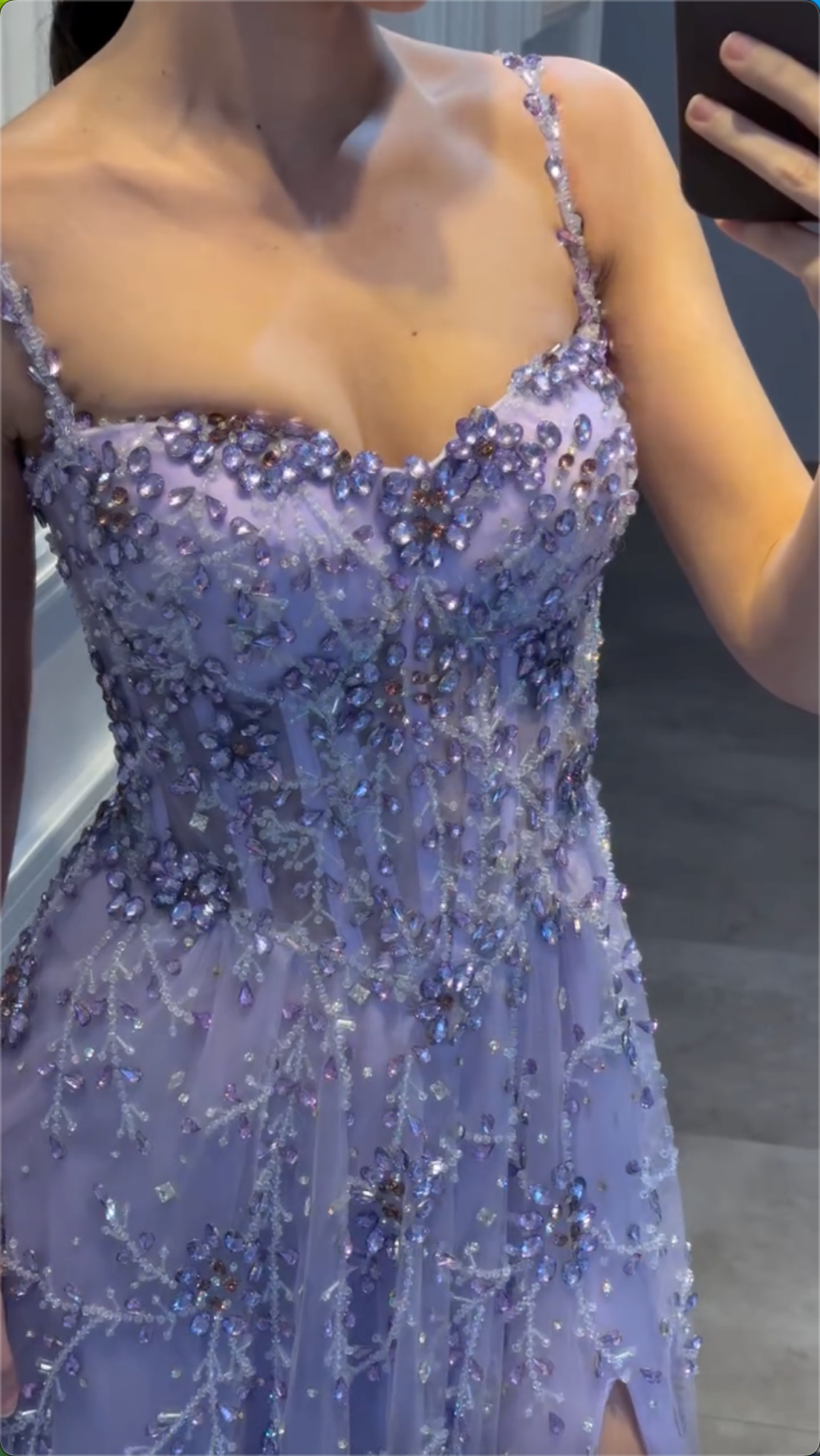 Multi-Color Floral Crystal Beaded Spaghetti Strap High Split Tulle Maxi Evening Dress, Formal Prom Pageant Gown