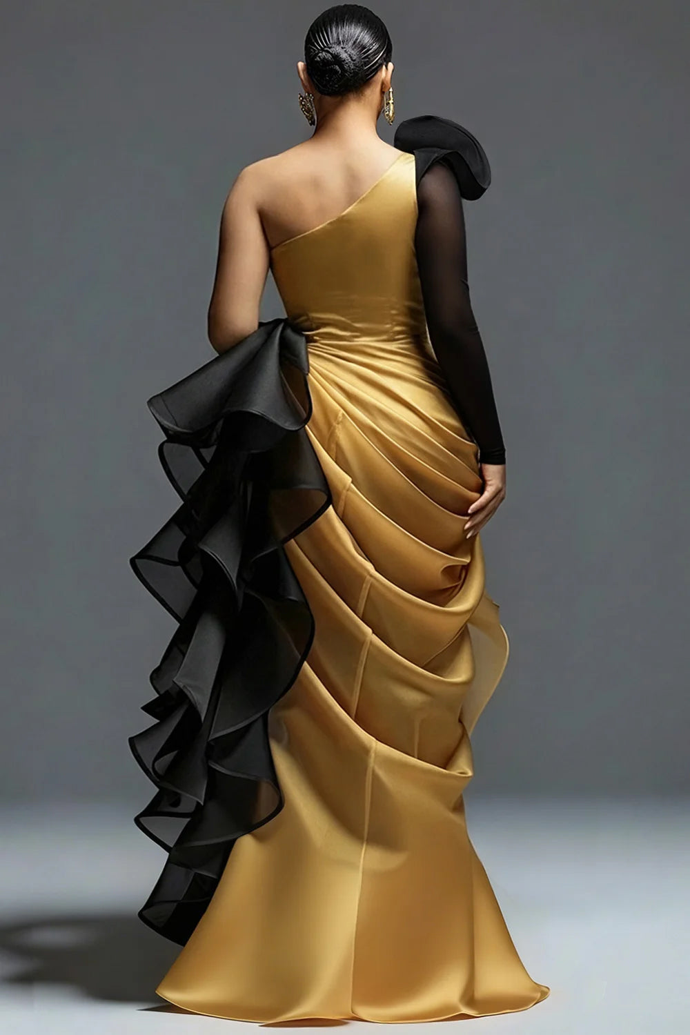 Red Oblique Collar One Shoulder Long Sleeve Ruffle Elegant Asymmetric Hem Irregular Hem Maxi Dresses