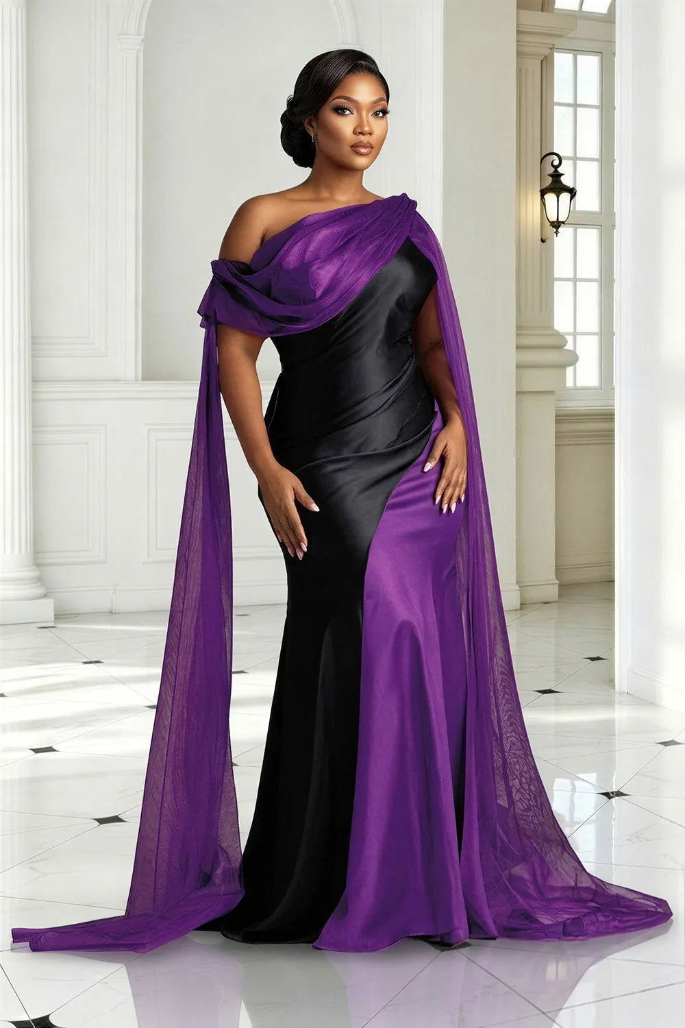 Organza Gold Oblique Collar Draped Contrast Satin Maxi Dresses [Pre-Order]
