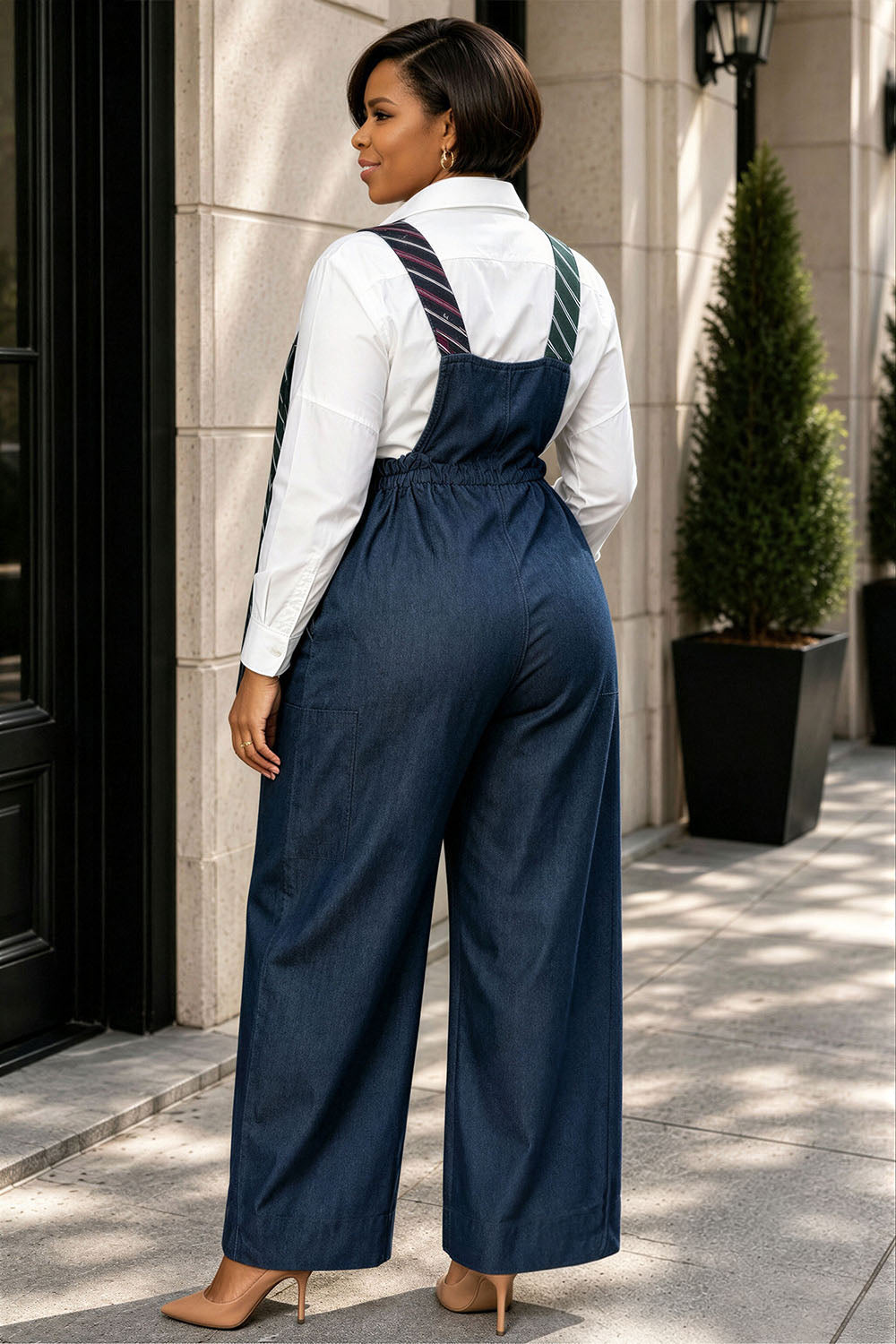 Xpluswear Design Plus Size Business Casual Blue Pocket Tencel Denim Jumpsuits(Without Blouse) [Pre-Order]
