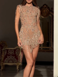Champagne Gold Beaded Fringe Mini Cocktail Dress, Bateau Neck Sheer Mesh Party Dress with Tassel Sleeves