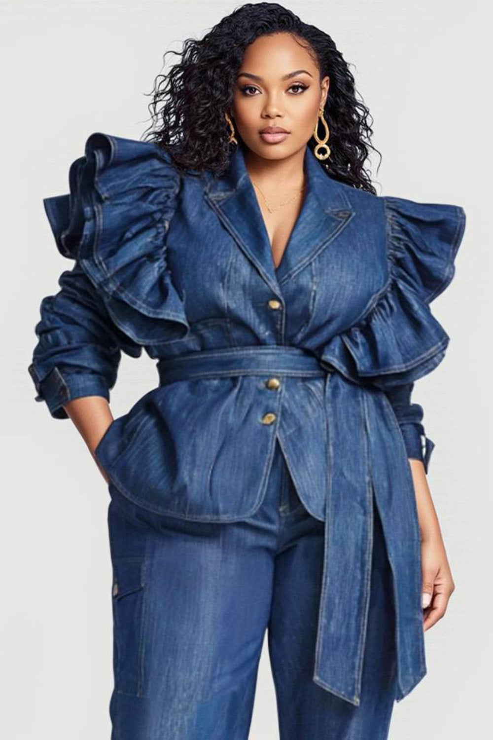 Business Casual Blue Turndown Collar Long Sleeve Ruffle Elegant Pocket Two Piece Pant Sets
