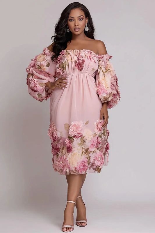 Cocktail Party Pink Floral Off The Shoulder 3D Chiffon Midi Dresses
