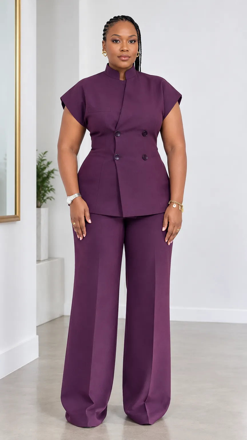 Women's Stand Collar Short Sleeve Double-Breasted Top and Wide-Leg Pants Two-Piece Suit Set