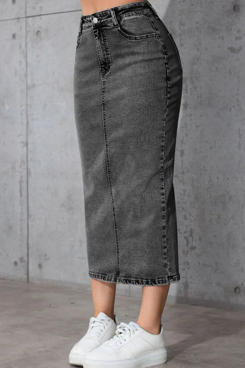Ladies High-Waist Slimming Mid-Length Denim Skirt
