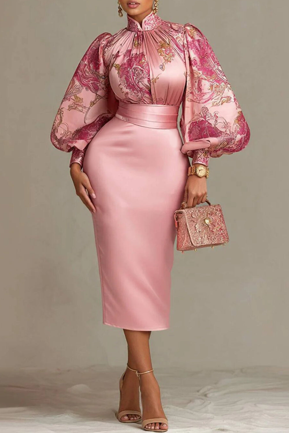 Wedding Guest Pink Floral Stand-Up Collar Lantern Sleeve Long Sleeve Bodycon Satin Midi Dresses
