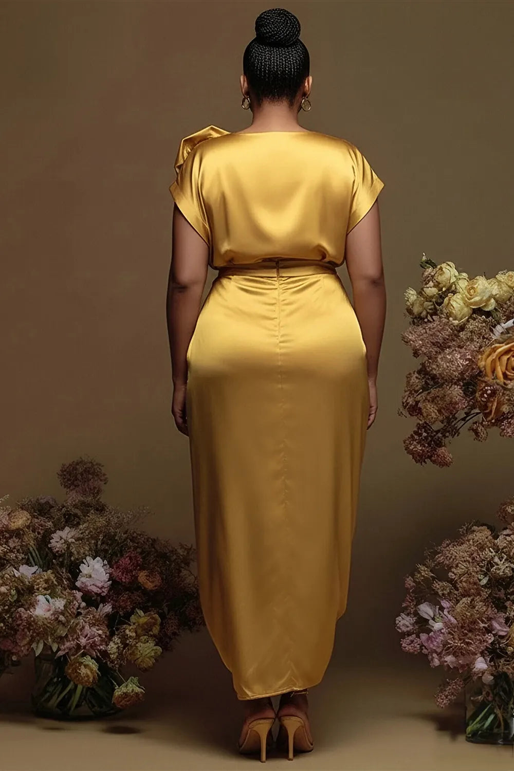 Cocktail Party Gold Round Neck Short Sleeve Fold 3D Satin Maxi Dresses