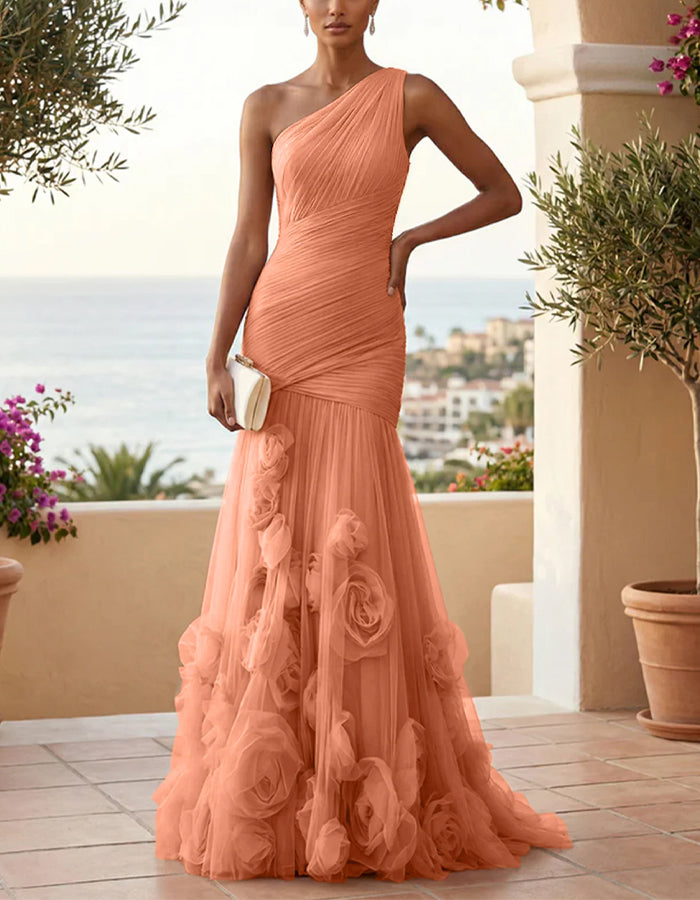 Solid Color One Shoulder 3D Floral Mesh Fishtail Maxi Dress