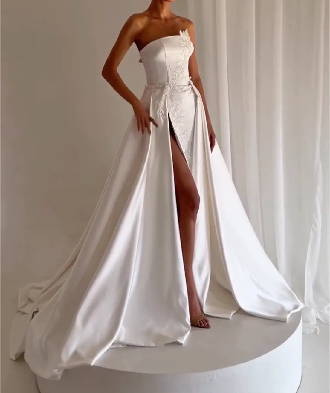 White Strapless Satin Wedding Gown - Floral Lace Applique with Detachable Overskirt & Slit Formal Dress
