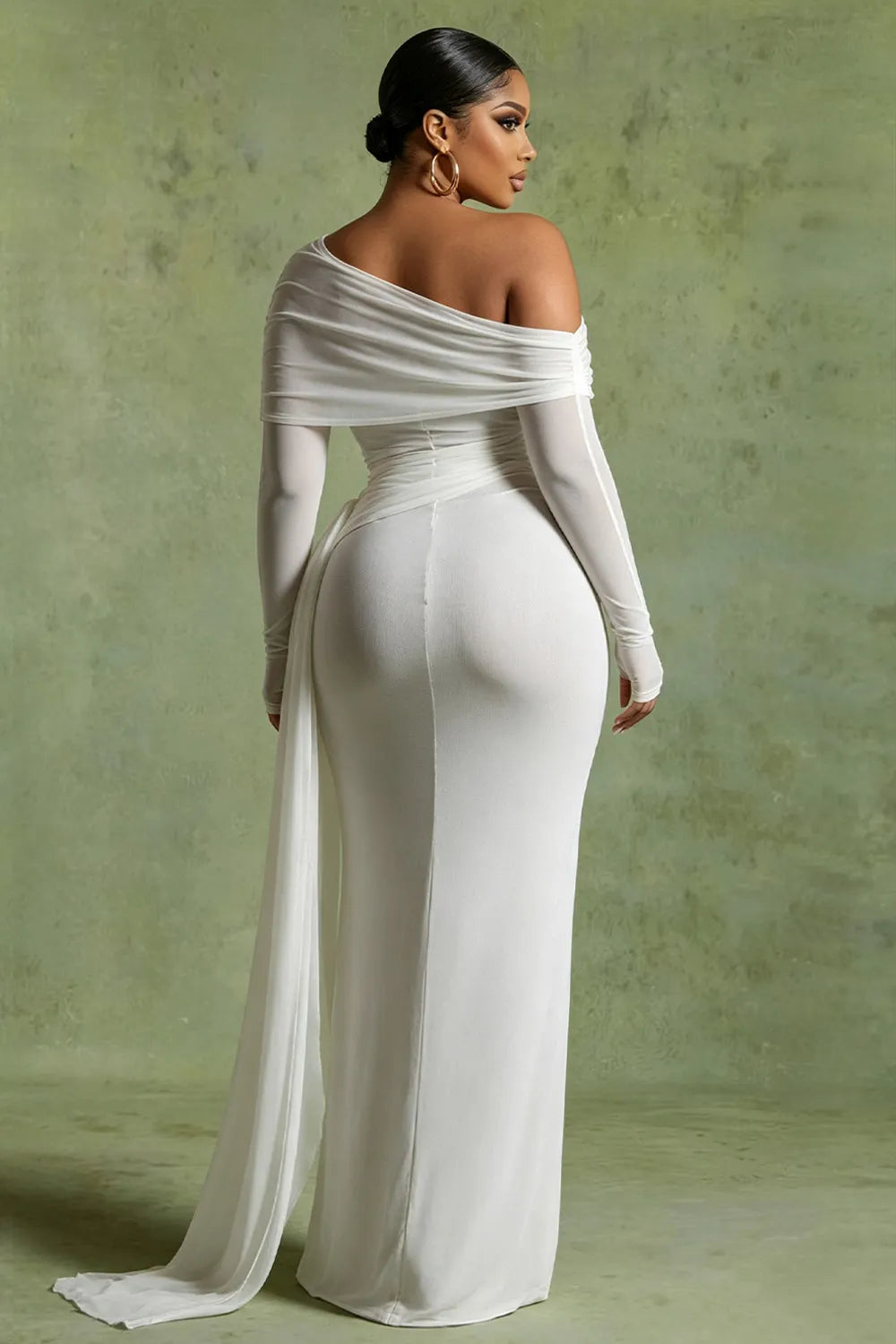 Off Shoulder Ruched Long Streamer Slim Wedding Maxi Dresses-White [Pre Order]
