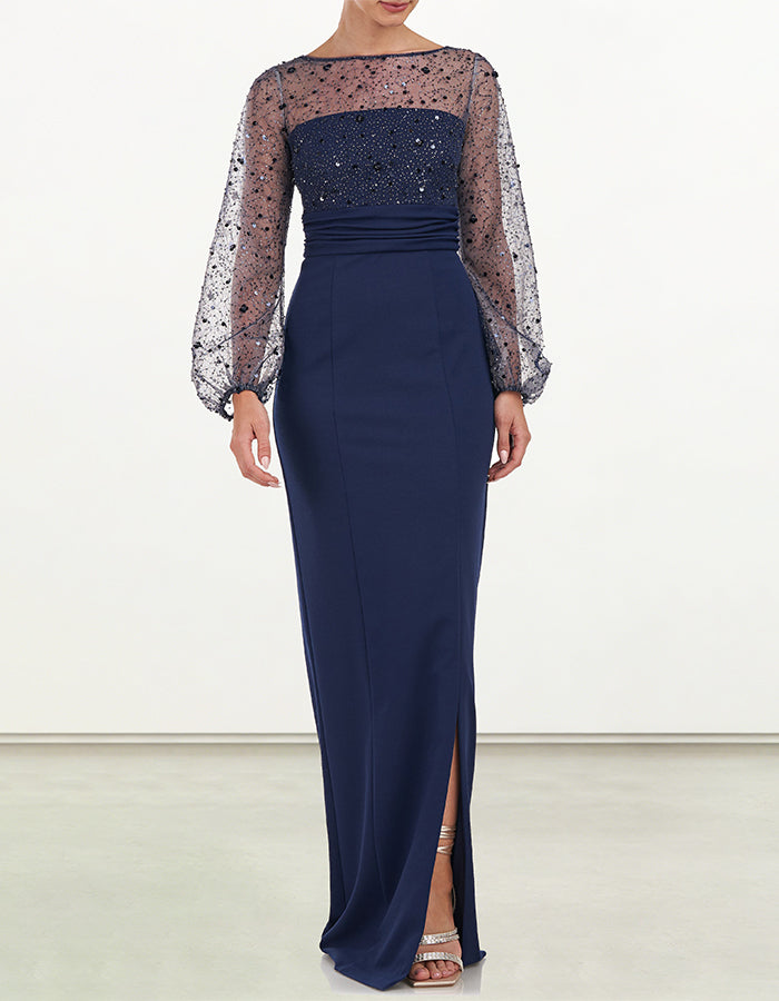 Rhinestone mesh fitted waist maxi dress