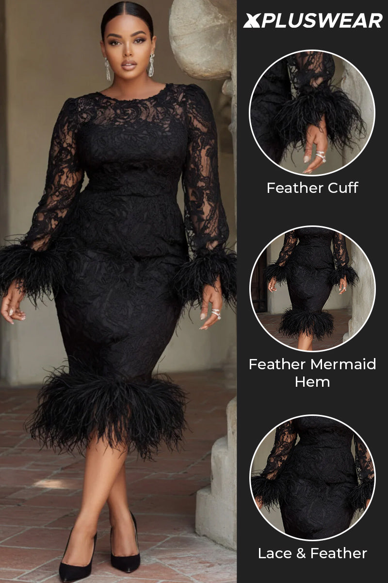 Cocktail Party Black Round Neck Long Sleeve Feather Elegant Bodycon Lace Midi Dresses