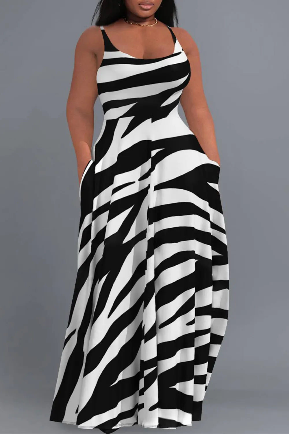 Daily Black Sundress Zebra Print Round Neck Pocket Maxi Dresses