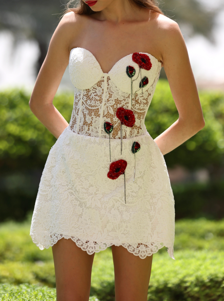 White Lace Strapless Mini Dress with Poppy Appliqué