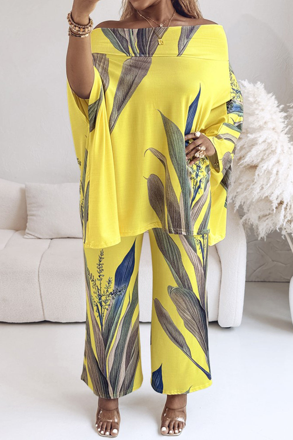 Plus Size Vacation Yellow Tropical Print Off The Shoulder Pocket Casual Two Piece Pant Sets