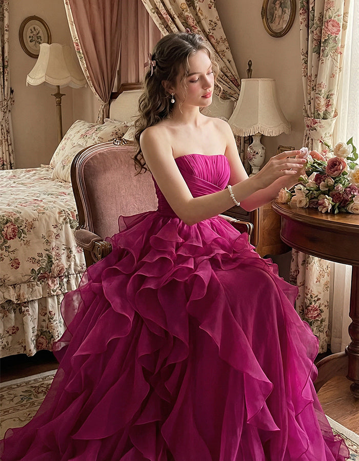 Rose Red Chiffon Strapless Tiered Maxi Dress