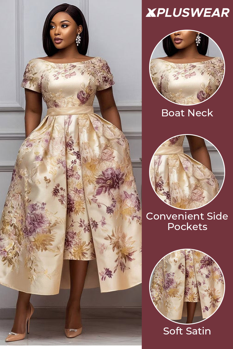 Wedding Guest Elegant Champagne Floral Short Sleeve Pocket Satin Midi Dresses
