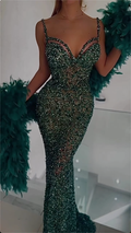 Opulent Emerald Green Crystal-Encrusted Mermaid Maxi Dress