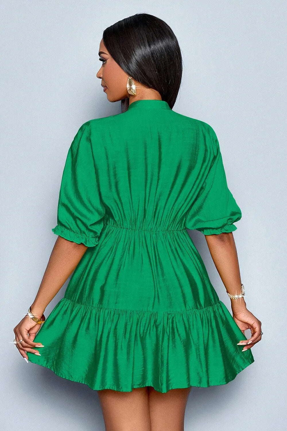 Solid Color Deep V Neck Puff Half Sleeve Tiered Party Mini Dresses-Blue