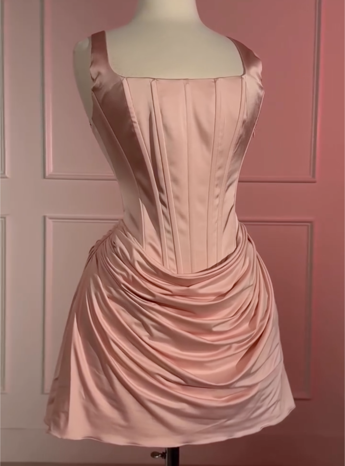 Square Neck Corset Ruched Satin Dress, Mini & Maxi Length, Blush Pink / Cream / Pale Yellow / Light Blue / Wine Red Evening Party Gown