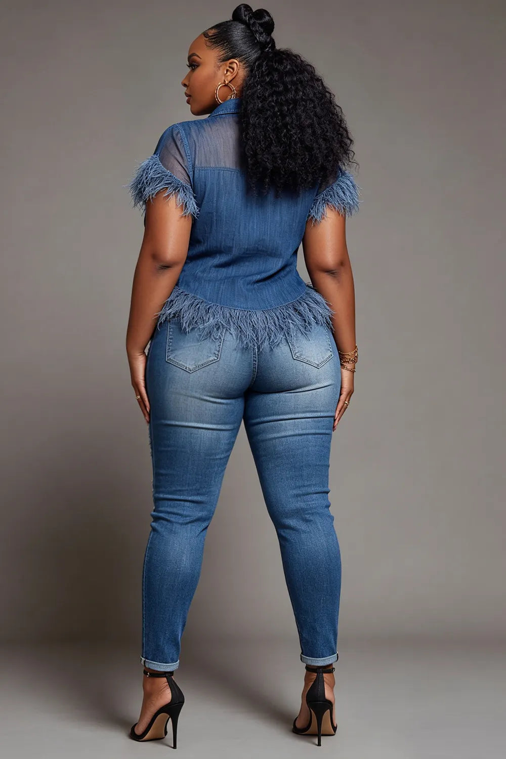 Xpluswear Design Plus Size Party Blue Shirt Collar Short Sleeve Feather See Through Tencel Denim Blouses