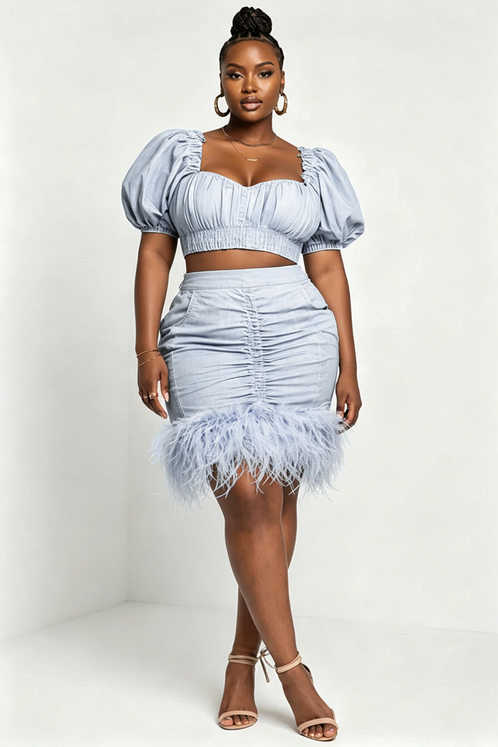 Xpluswear Design Plus Size Party Light Blue Square Neck Puff Sleeve Short Sleeve Bodycon Feather Tencel Denim Two Piece Skirt Sets