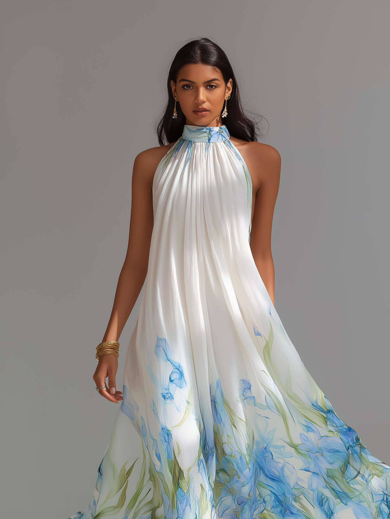 White Blue Floral Halter Maxi Dress – Elegant Resort Vacation Style