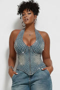Xpluswear Design Plus Size Party Casual Light Blue V Neck Drilling Zipper Denim Tank Tops