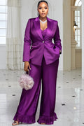 Purple Lapel Collar Long Sleeve Wide Leg Contrast Satin Two Piece Pant Suits