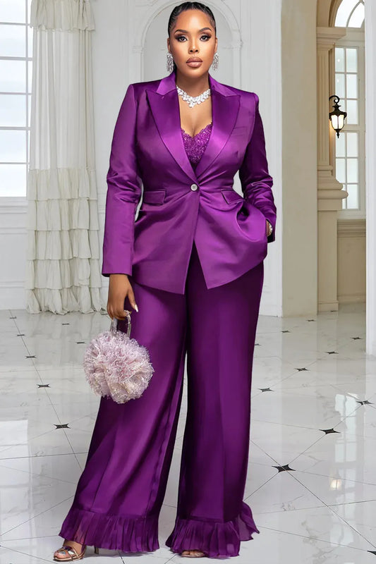 Purple Lapel Collar Long Sleeve Wide Leg Contrast Satin Two Piece Pant Suits