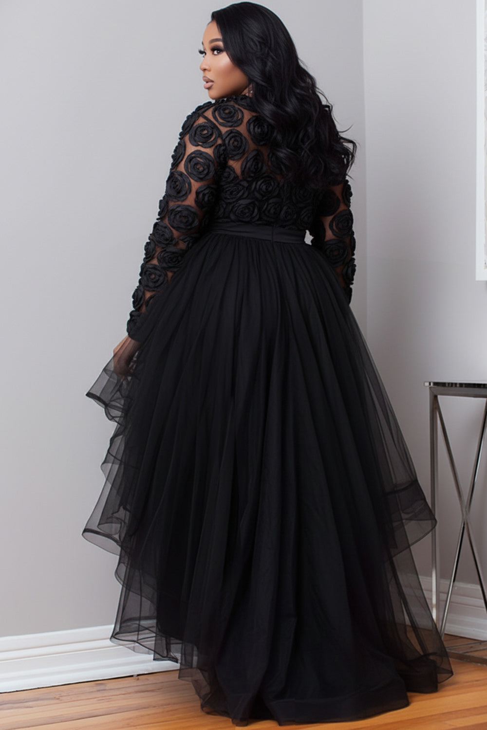 Party Gold Round Neck Long Sleeve 3D Elegant High Low Hem Tulle Mini Dresses