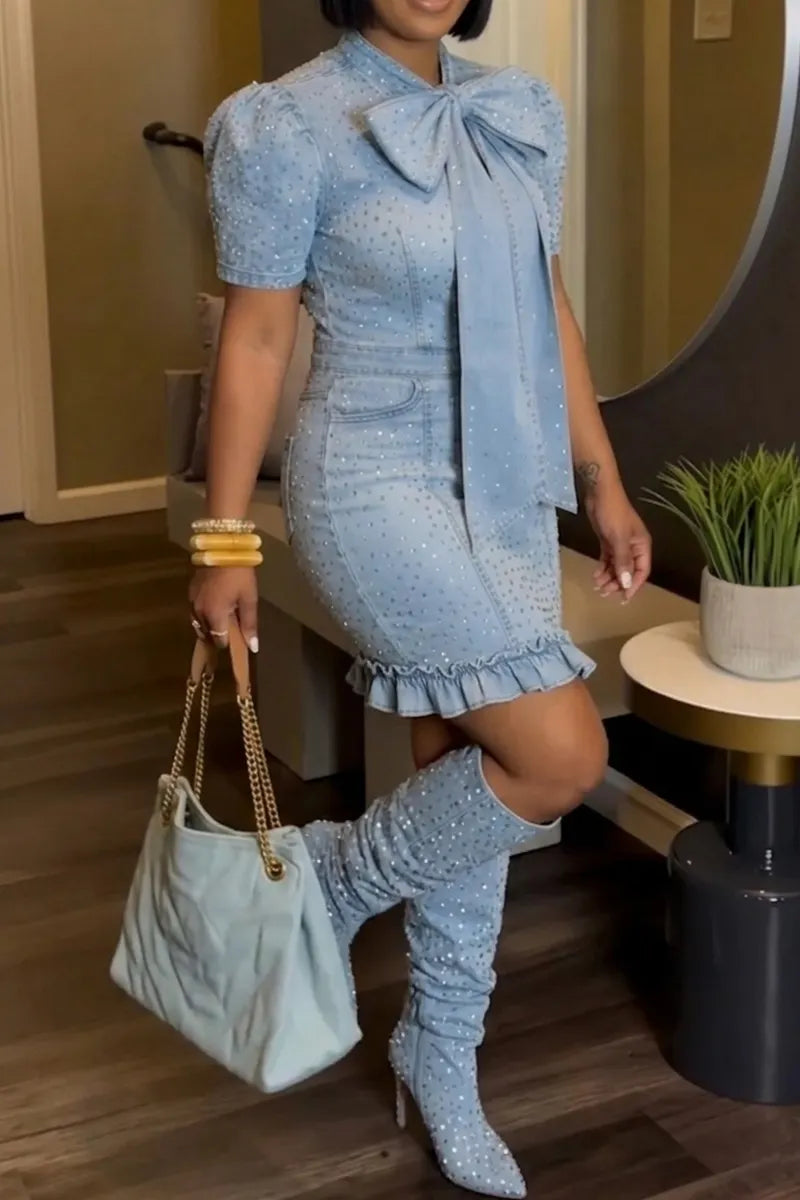 Women's Casual Rhinestone Bow Denim Dress