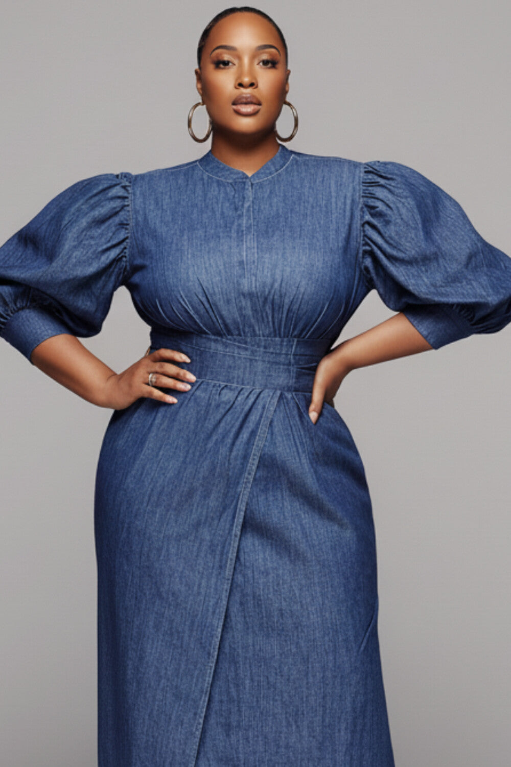 Xpluswear Design Plus Size Business Casual Blue Mock Neck Half Sleeve Split Elegant Denim Maxi Dresses