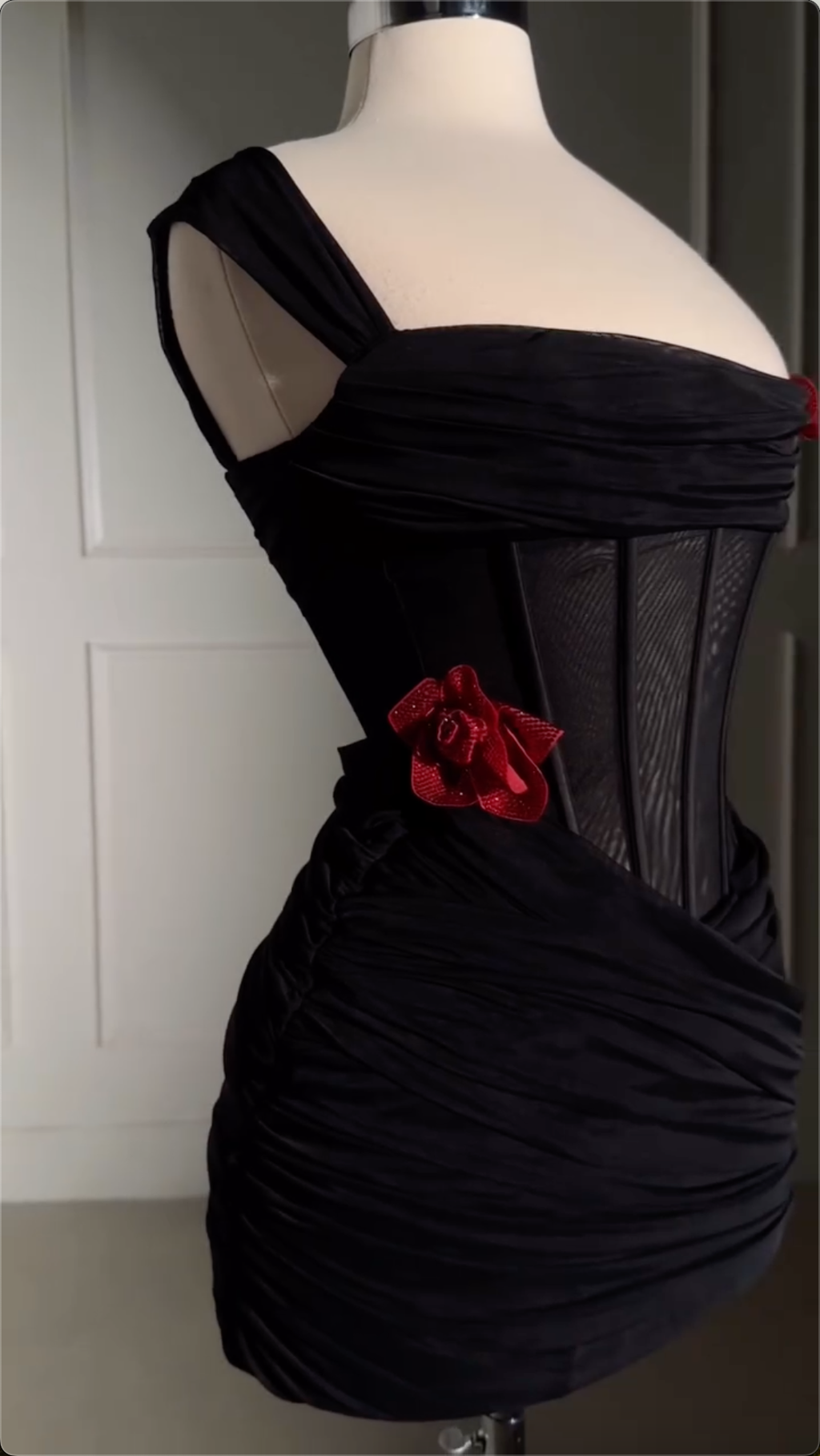 Black Asymmetric Corset Mini Dress with Red Floral Appliqués - Formal Party Gown