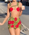 Green & Red Sequin Halter Crop Top & Mini Skirt Set